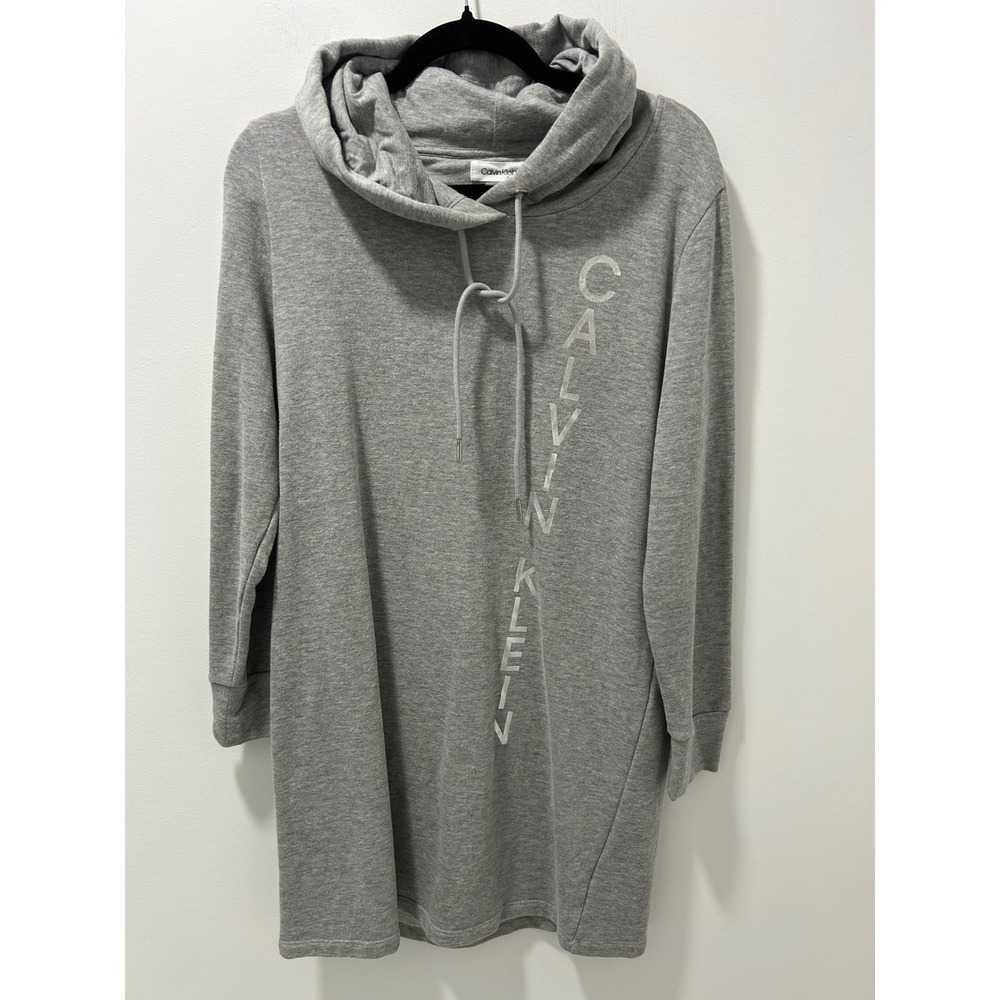 Calvin Klein Womens Heather Gray Logo Graphic Cowl Neck Hoodie Mini Dress Large